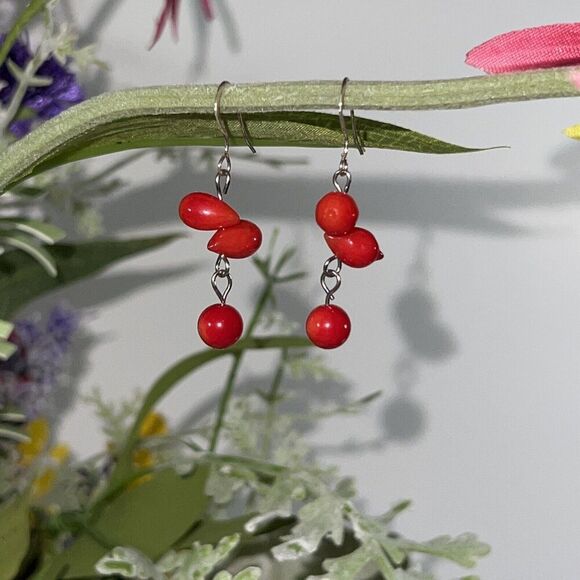Red Coral On Sterling  Silver Earrings Oval Shape Hand Carved Dangles  NWOT - Picture 1 of 9